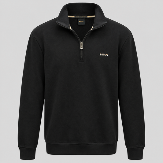 BOSS Zip-Neck Cotton Sweater With Logo Print