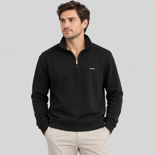 BOSS Zip-Neck Cotton Sweater With Logo Print