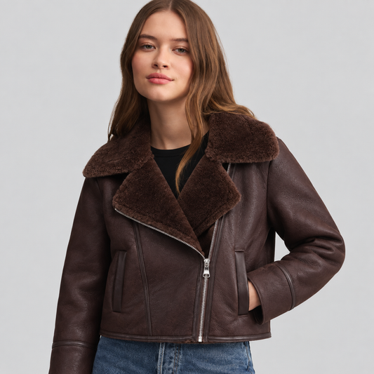 Fleece-Lined Leather Zip Aviator Jacket