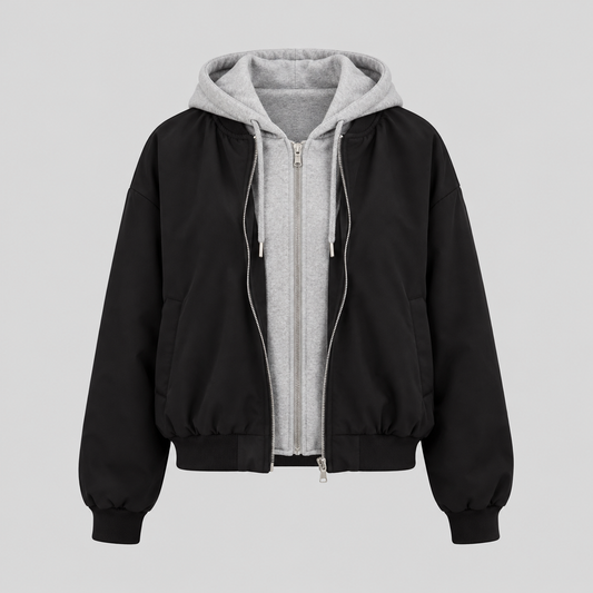 Black Bomber Jacket With Hooded Layer