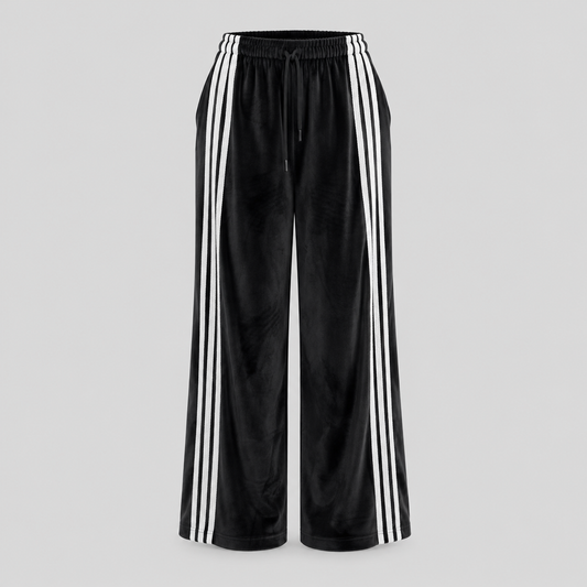 Black Velvet Wide-Leg Pants With Side Stripes