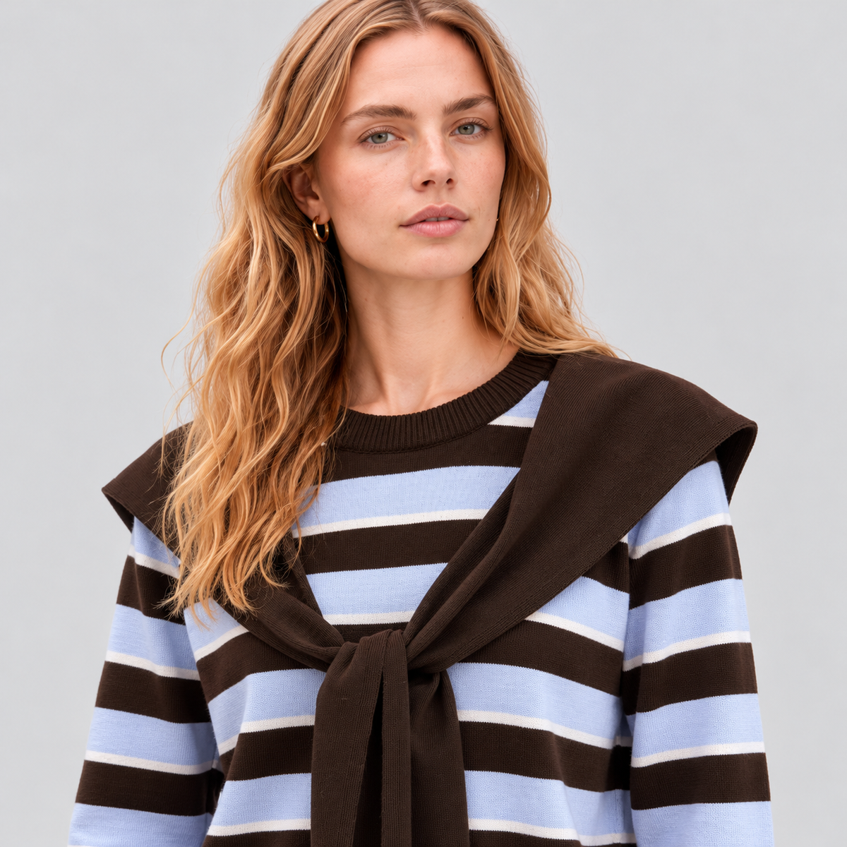 Striped Wool Sweater With Removable Shoulder Cape