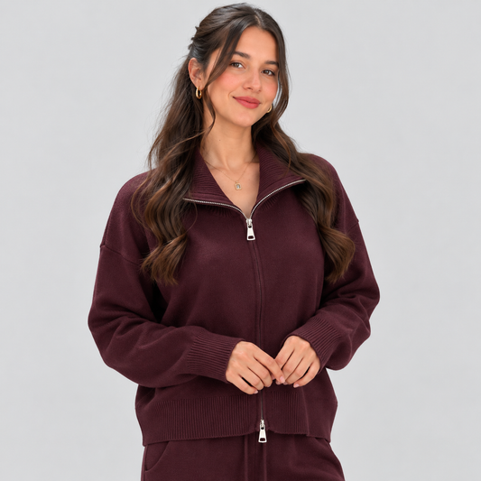Wool Knit Zip Turtleneck And Pants Set