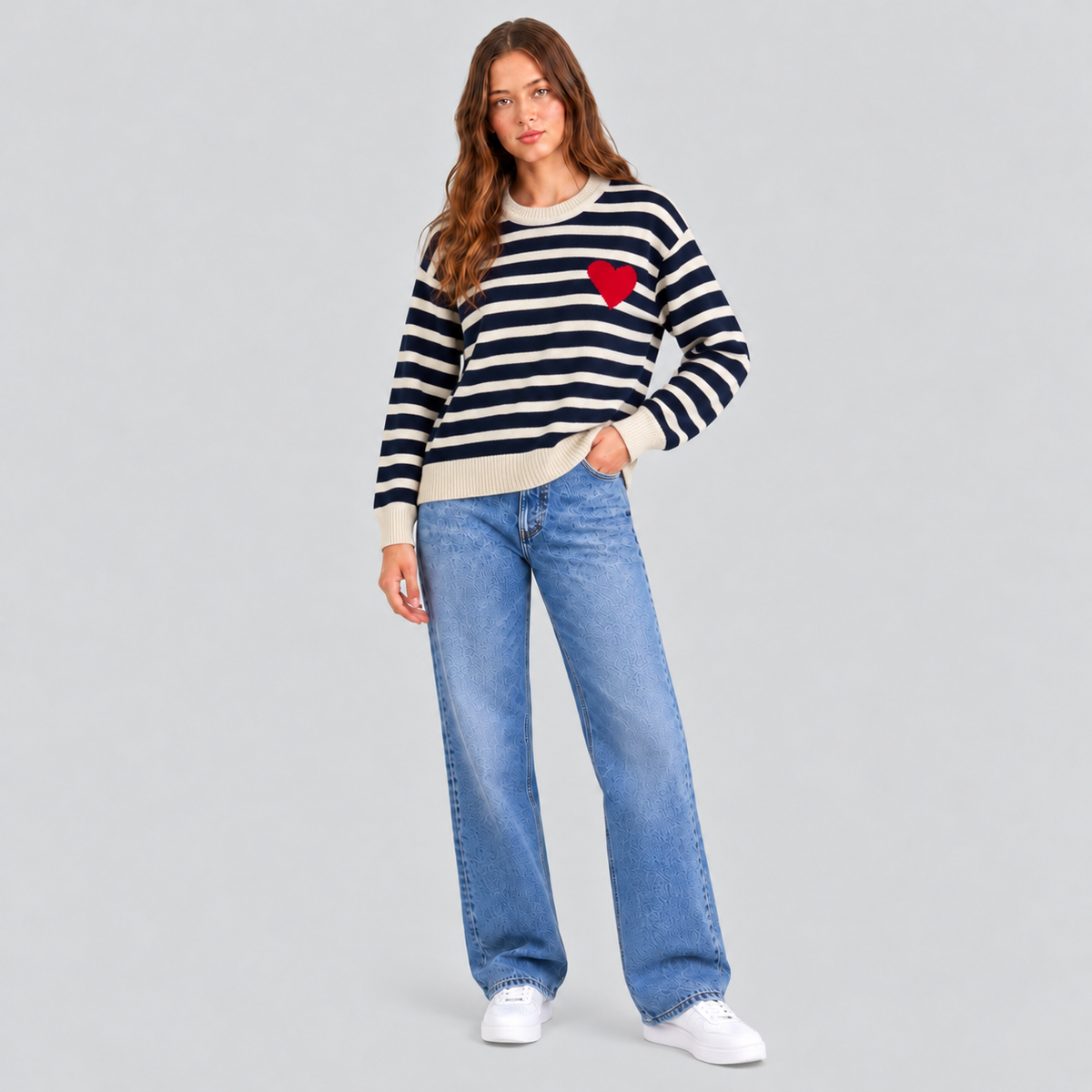 Striped Knit Sweater With Red Heart