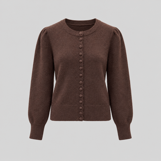 Button-Front Knit Cardigan With Puff Sleeves