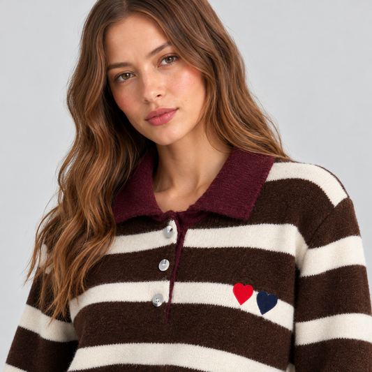 Striped Wool Polo Sweater With Heart Embroidery