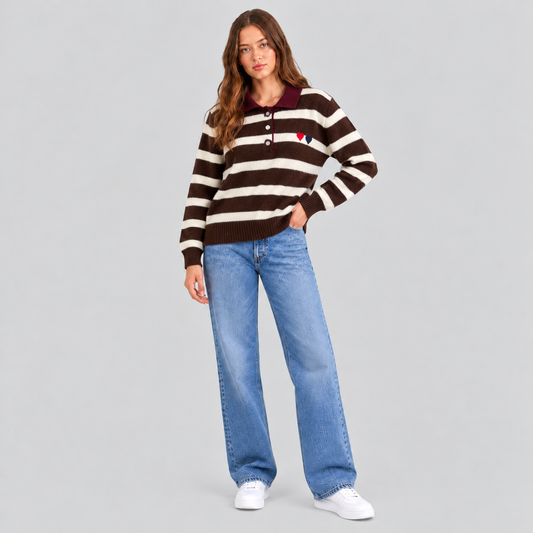 Striped Wool Polo Sweater With Heart Embroidery