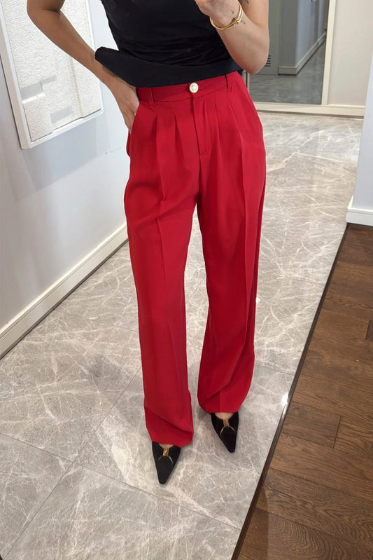 Red Pleated Wide-Leg Pants