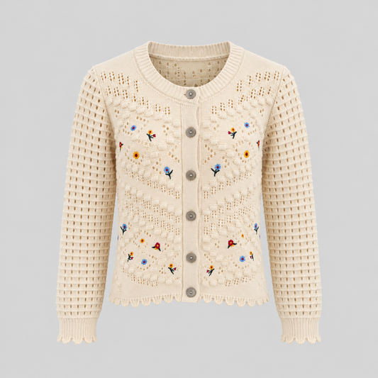 Open-Knit Cardigan With Embroidered Flowers