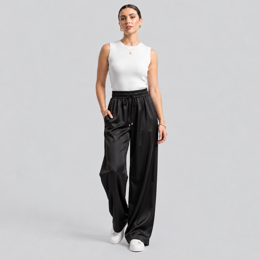 Black Satin Drawstring Straight-Leg Pants