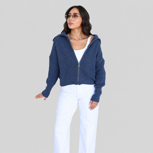 Chunky Knit Zip Cardigan With Wide Collar