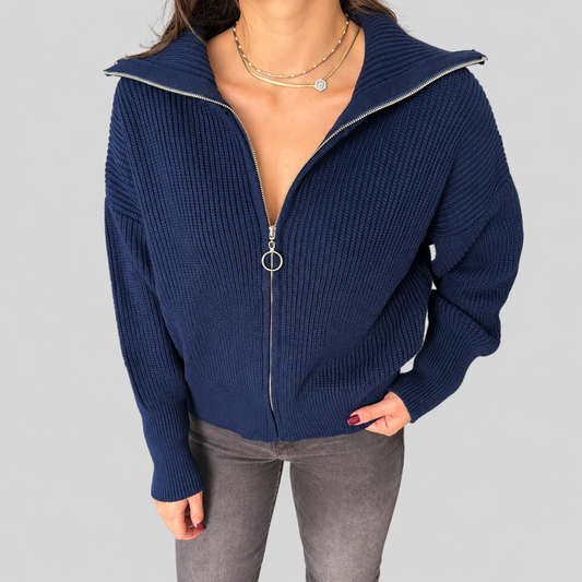 Chunky Knit Zip Cardigan With Wide Collar