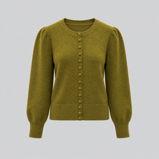 Button-Front Knit Cardigan With Puff Sleeves