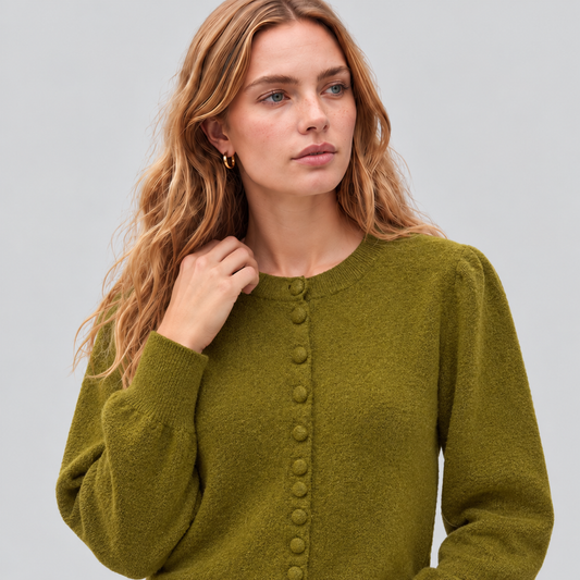Button-Front Knit Cardigan With Puff Sleeves