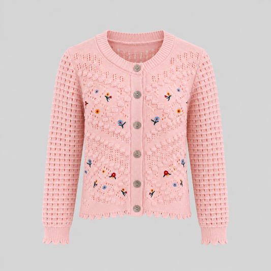 Open-Knit Cardigan With Embroidered Flowers