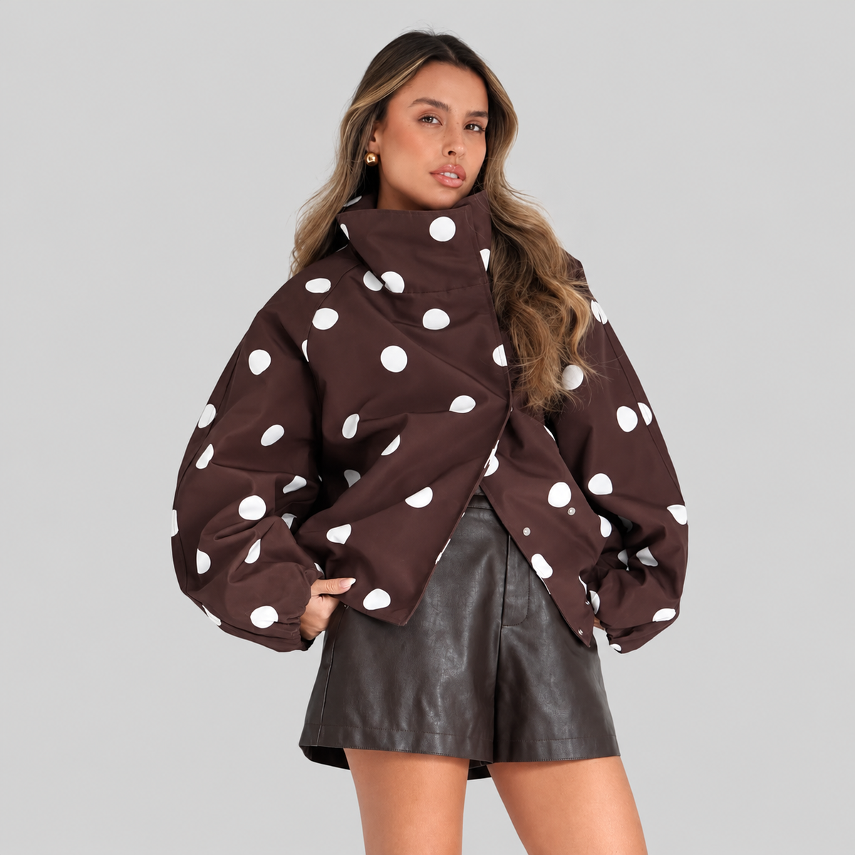 Polka Dot Short Jacket With Wide Collar