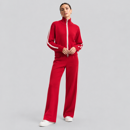 Red Wool Knit Track Set With White Stripes