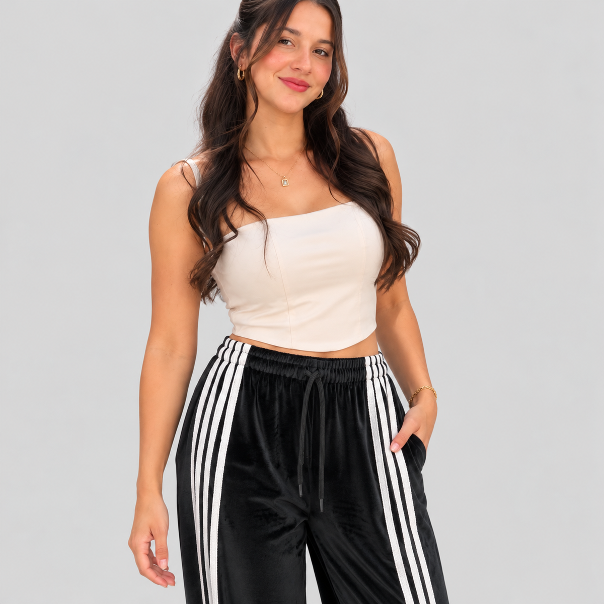 Black Velvet Wide-Leg Pants With Side Stripes