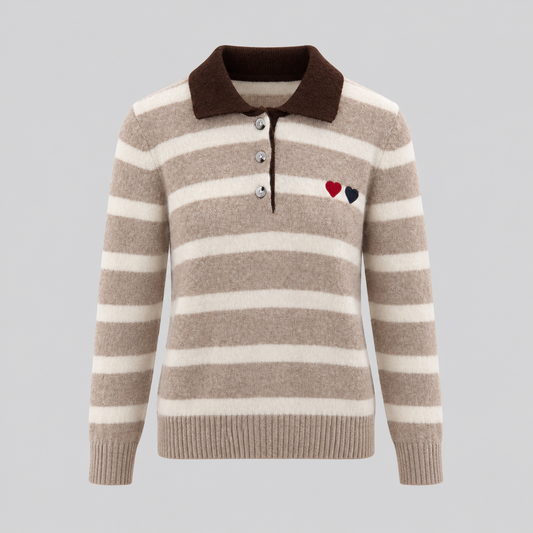 Striped Wool Polo Sweater With Heart Embroidery