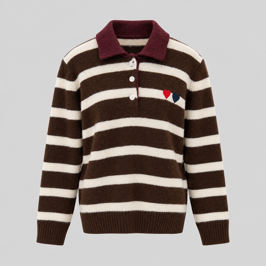 Striped Wool Polo Sweater With Heart Embroidery