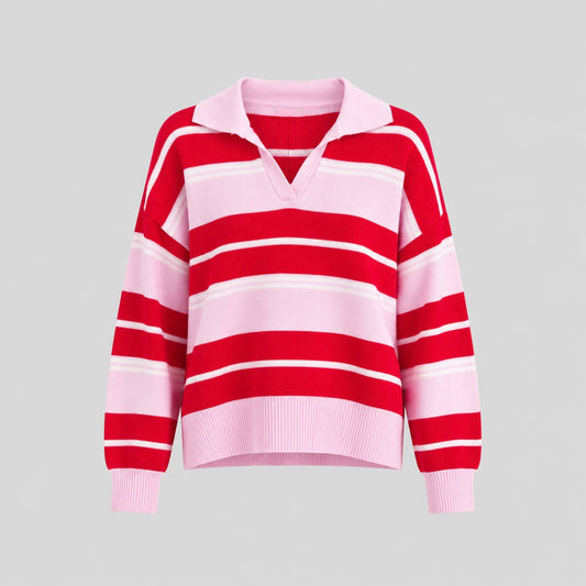 Striped Wool Polo-Collar Sweater In Red And Pink