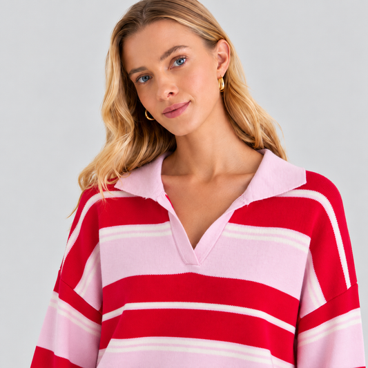 Striped Wool Polo-Collar Sweater In Red And Pink