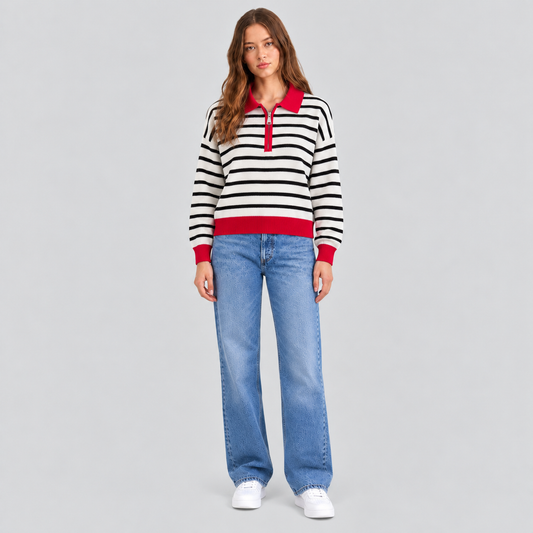 Striped Quarter-Zip Knit Sweater With Red Collar