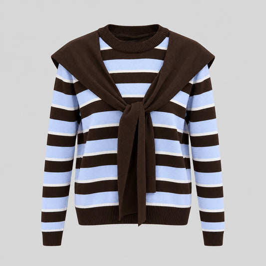 Striped Wool Sweater With Removable Shoulder Cape