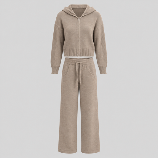 Wool Knit Hooded Zip Cardigan And Pants Set