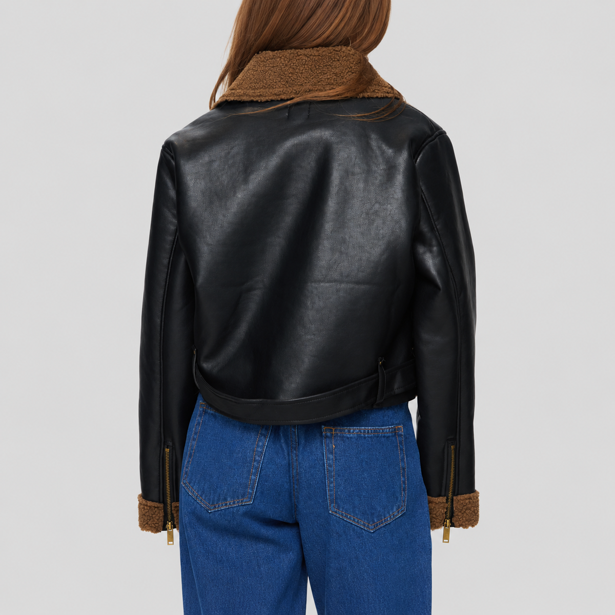 Shearling Trim Faux Leather Jacket