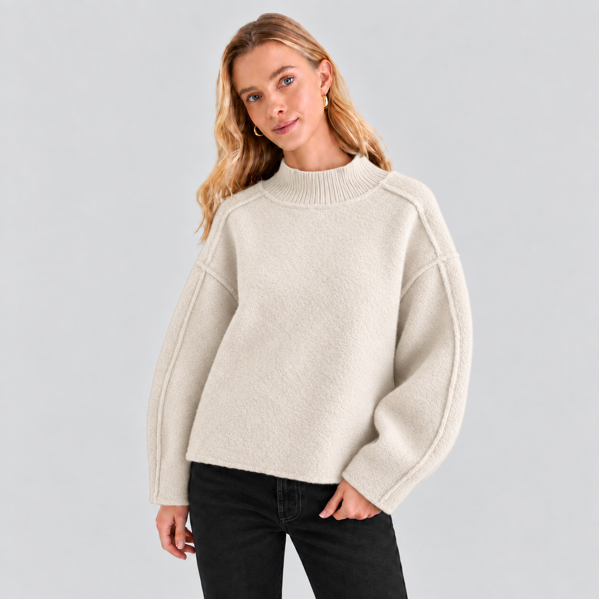 Teddy Knit Balloon Sleeve Mock Neck