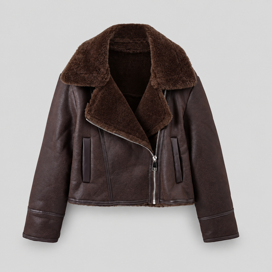 Fleece-Lined Leather Zip Aviator Jacket