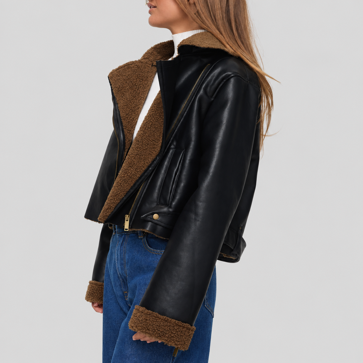 Shearling Trim Faux Leather Jacket