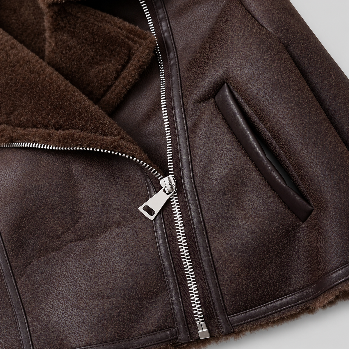 Fleece-Lined Leather Zip Aviator Jacket