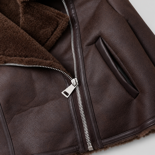 Fleece-Lined Leather Zip Aviator Jacket