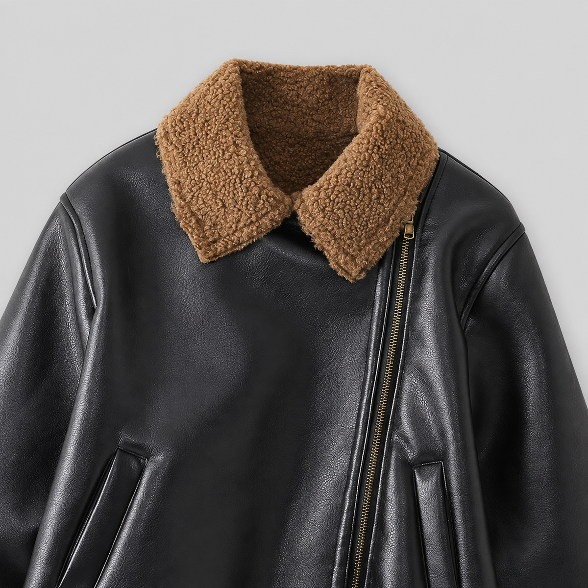 Shearling Trim Faux Leather Jacket