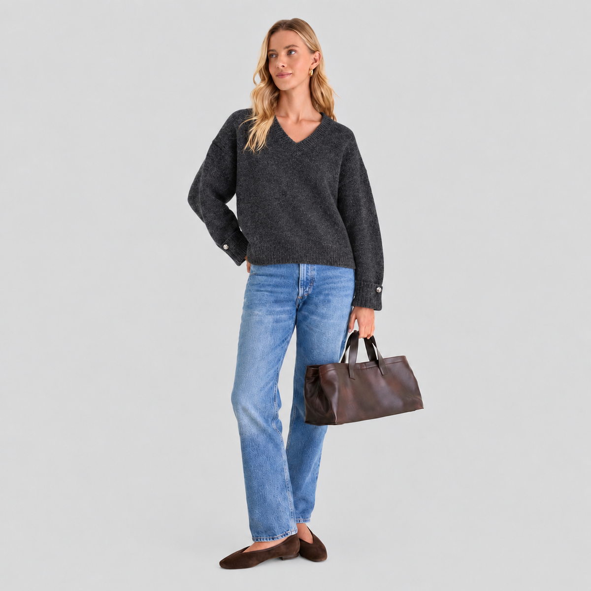 V Neck Gray Knitted Sweater