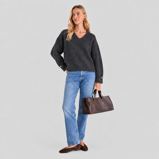 V Neck Gray Knitted Sweater