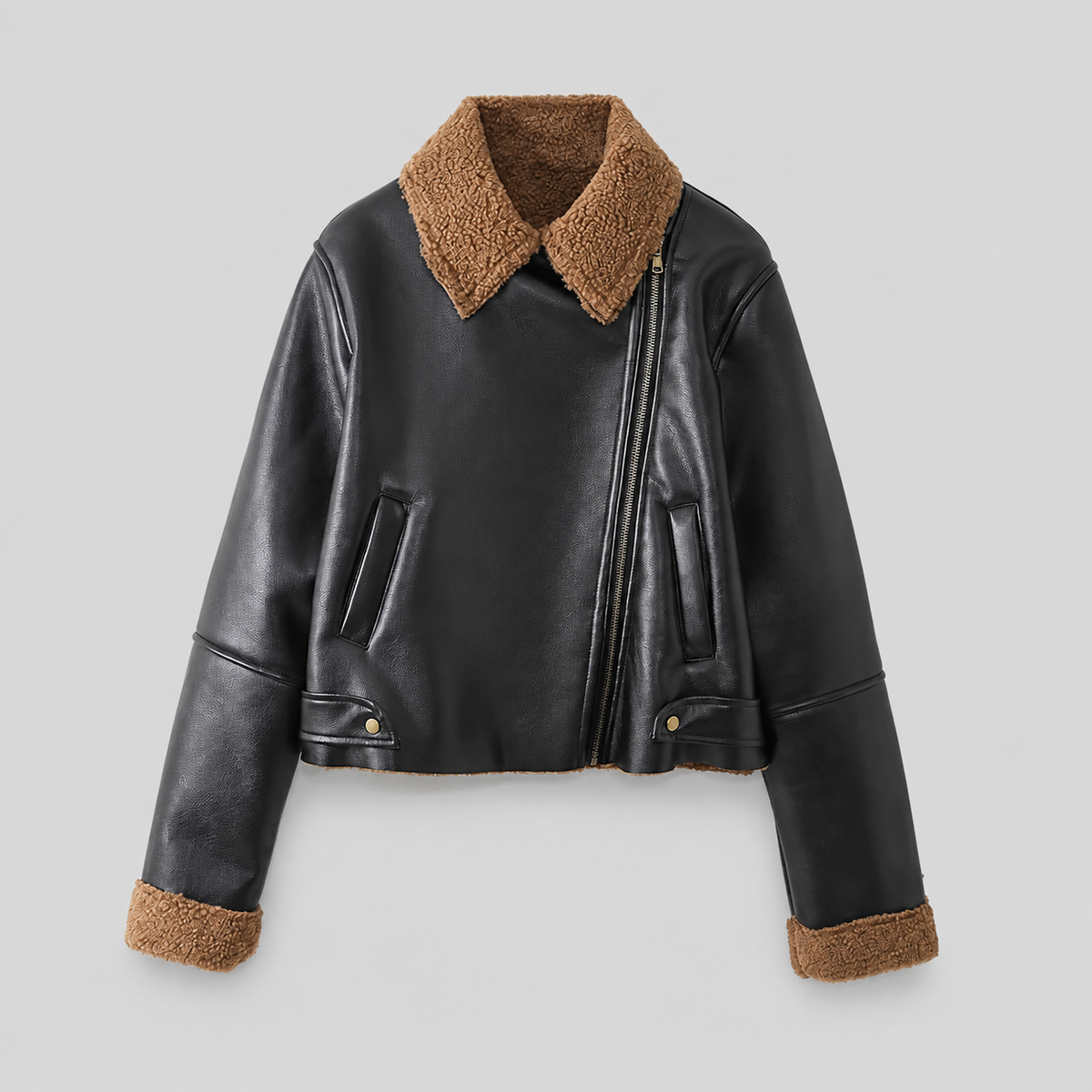 Shearling Trim Faux Leather Jacket