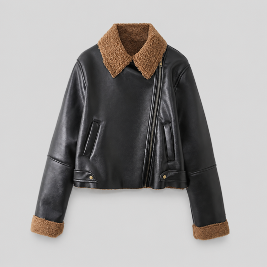 Shearling Trim Faux Leather Jacket