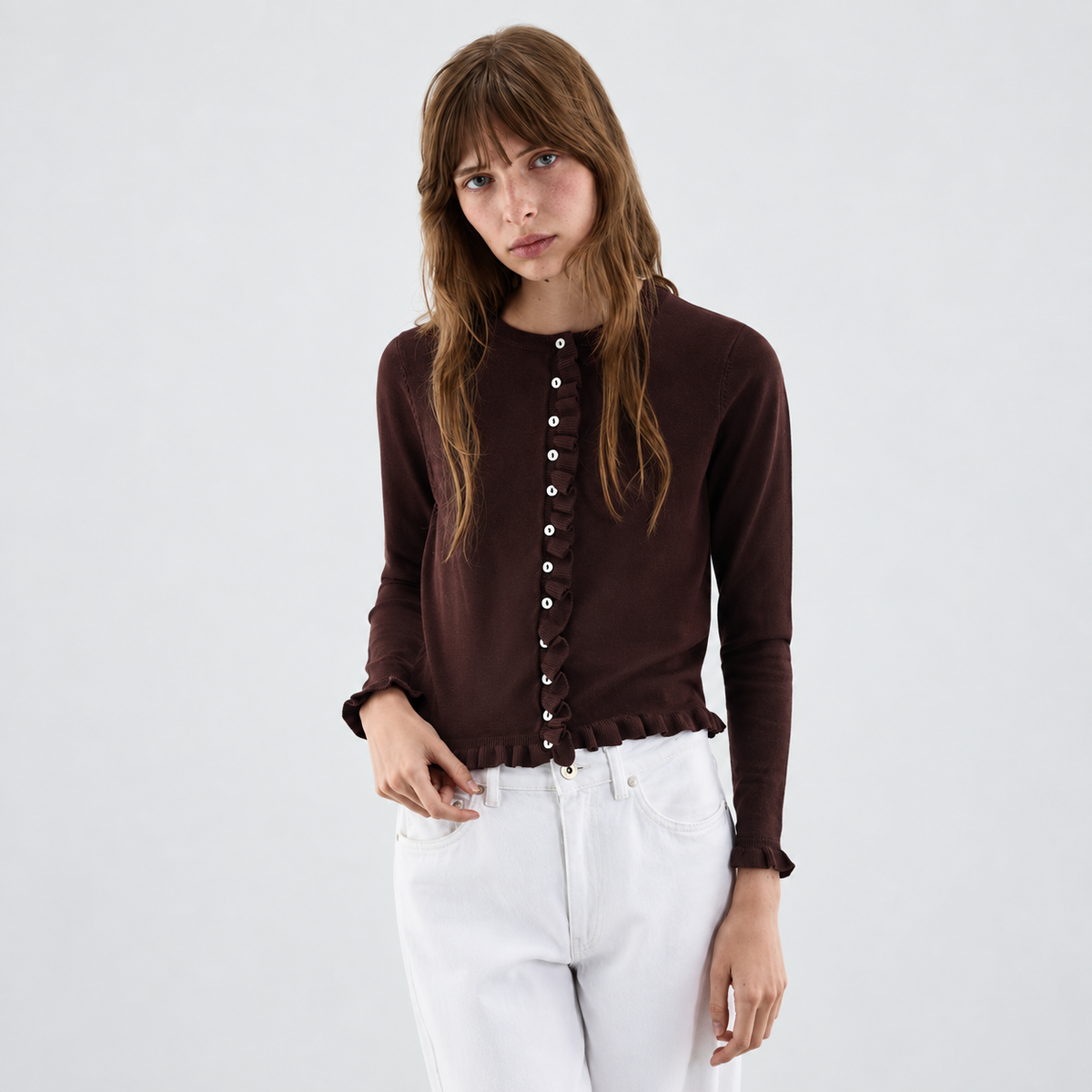 Ruffle Trim Button Down Cardigan