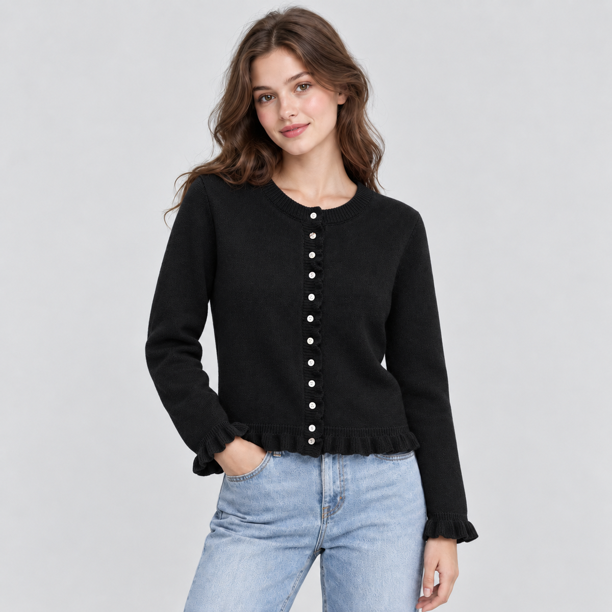 Ruffle Trim Button Down Cardigan
