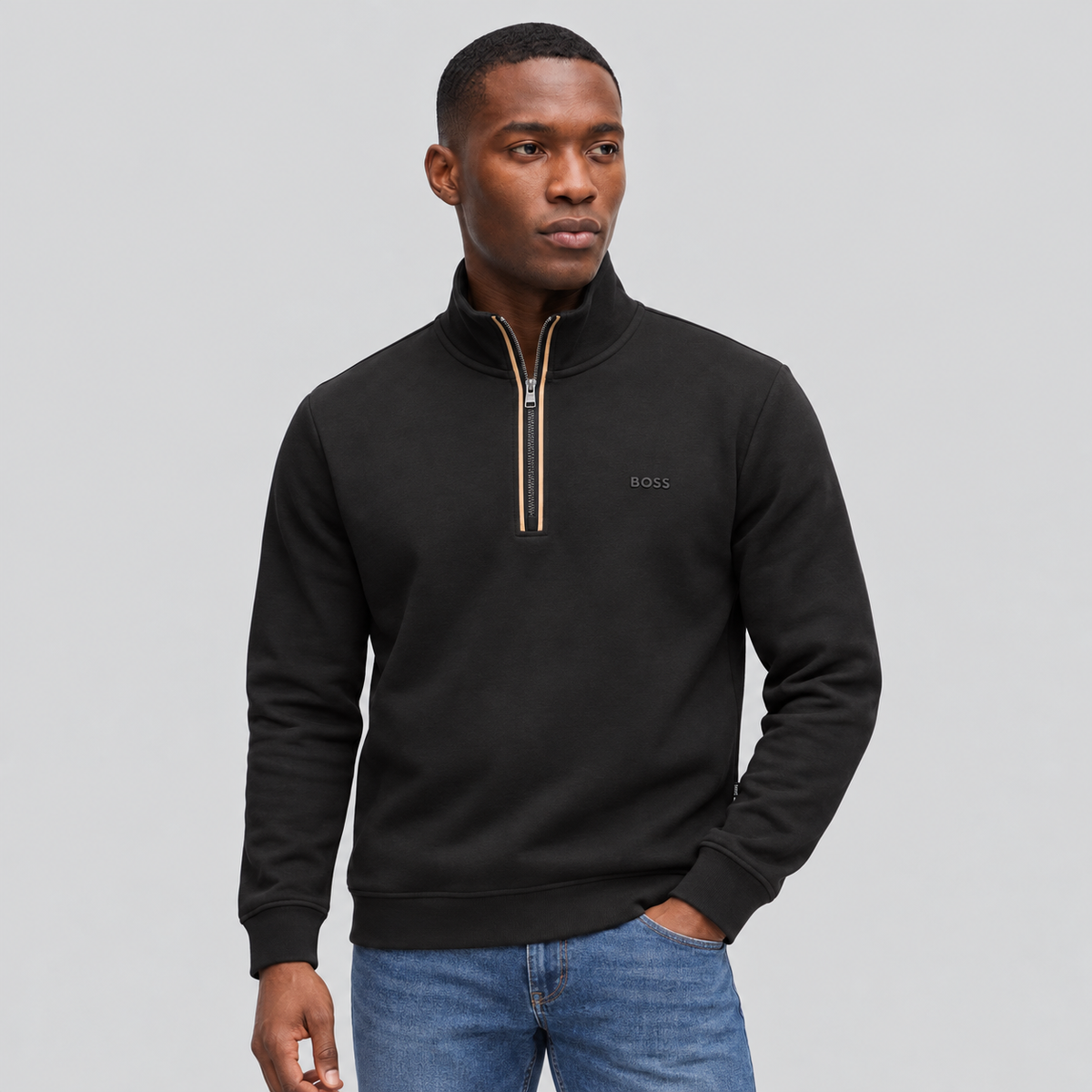 BOSS Zip-Neck Sweatshirt With Signature-Stripe Zip