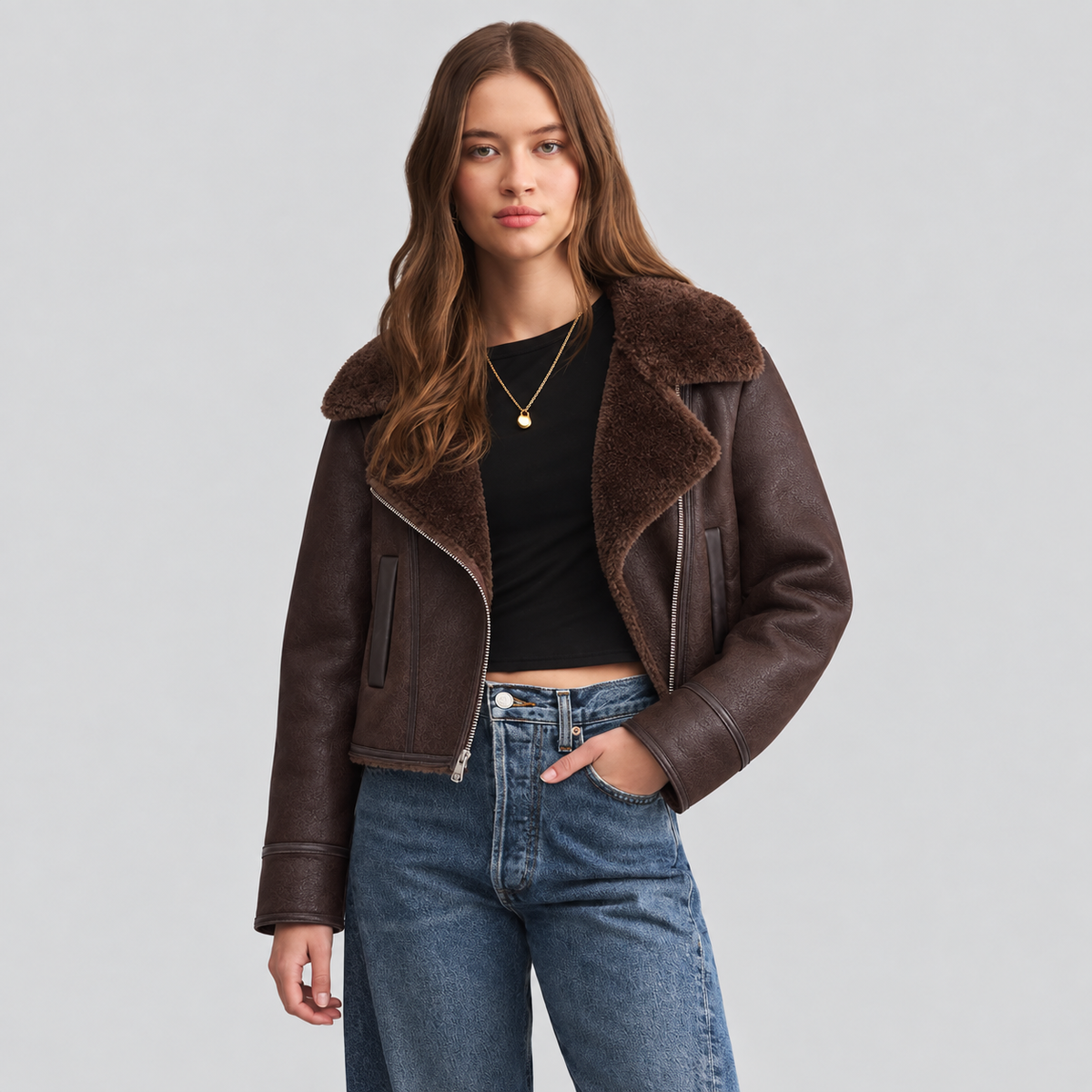 Fleece-Lined Leather Zip Aviator Jacket