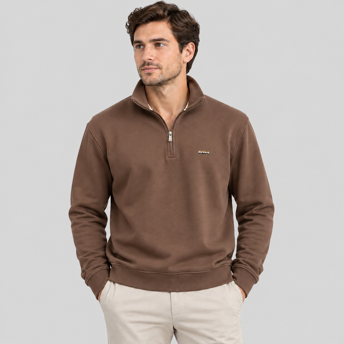 BOSS Zip-Neck Cotton Sweater With Logo Print