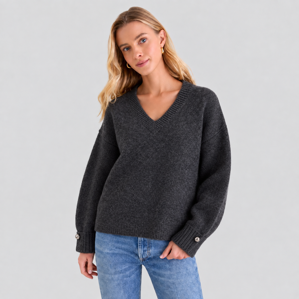 V Neck Gray Knitted Sweater