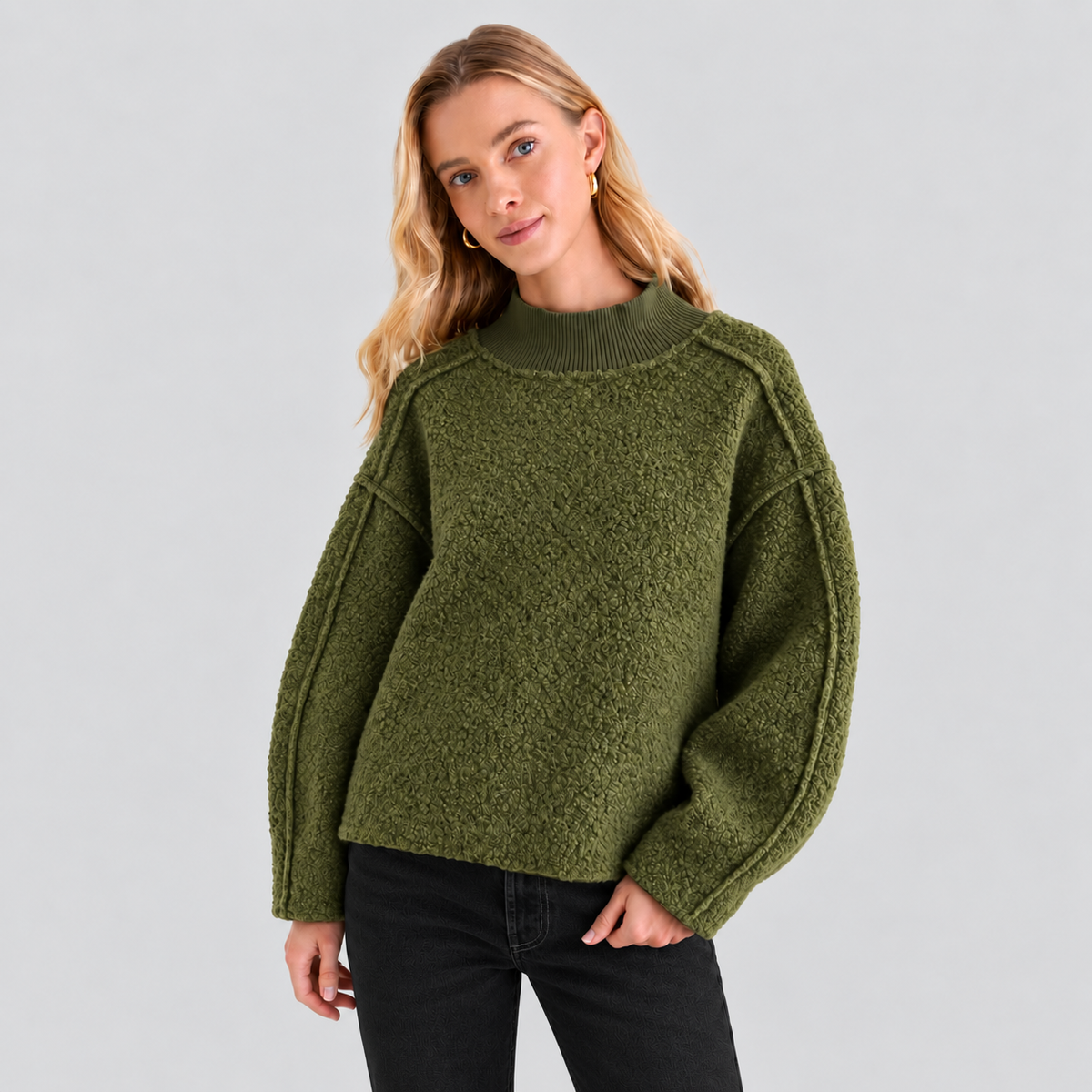 Teddy Knit Balloon Sleeve Mock Neck