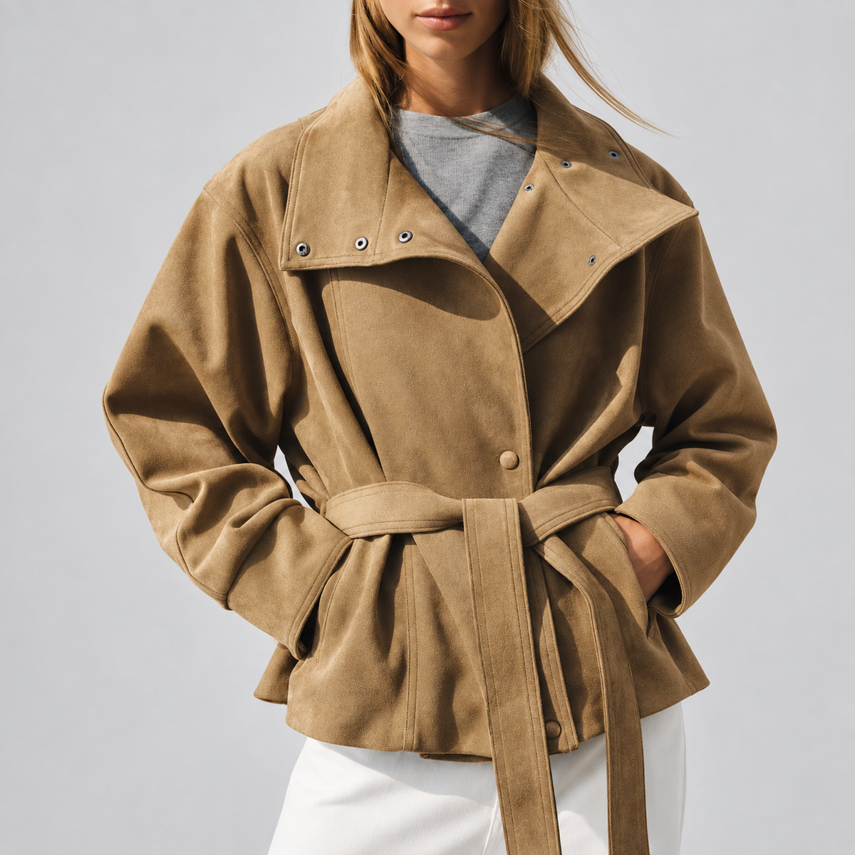Faux Suede Belted Jacket