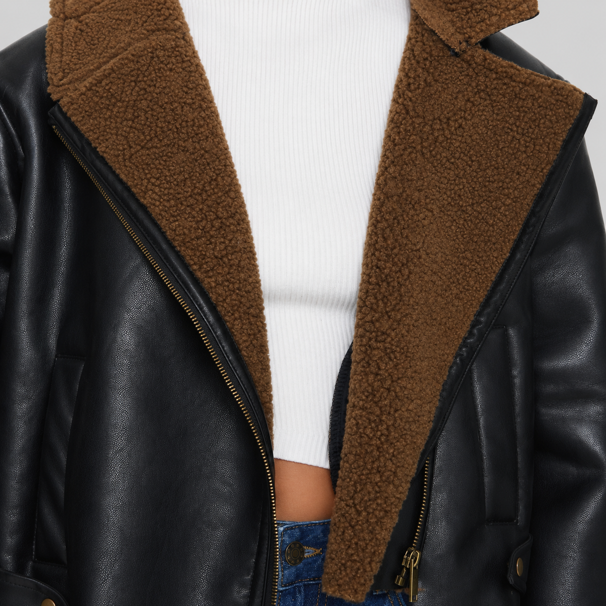 Shearling Trim Faux Leather Jacket