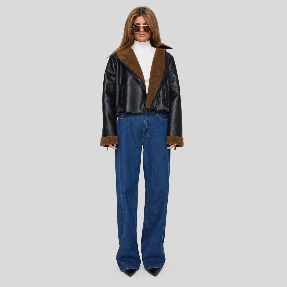 Shearling Trim Faux Leather Jacket